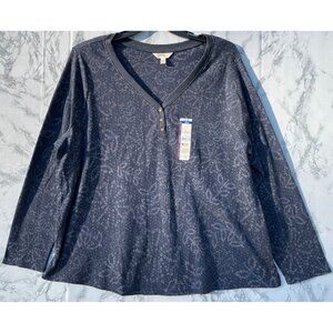 Terra & Sky Womens 2X Waffle Knit Henley Top Navy Blue With Subtle Floral Print